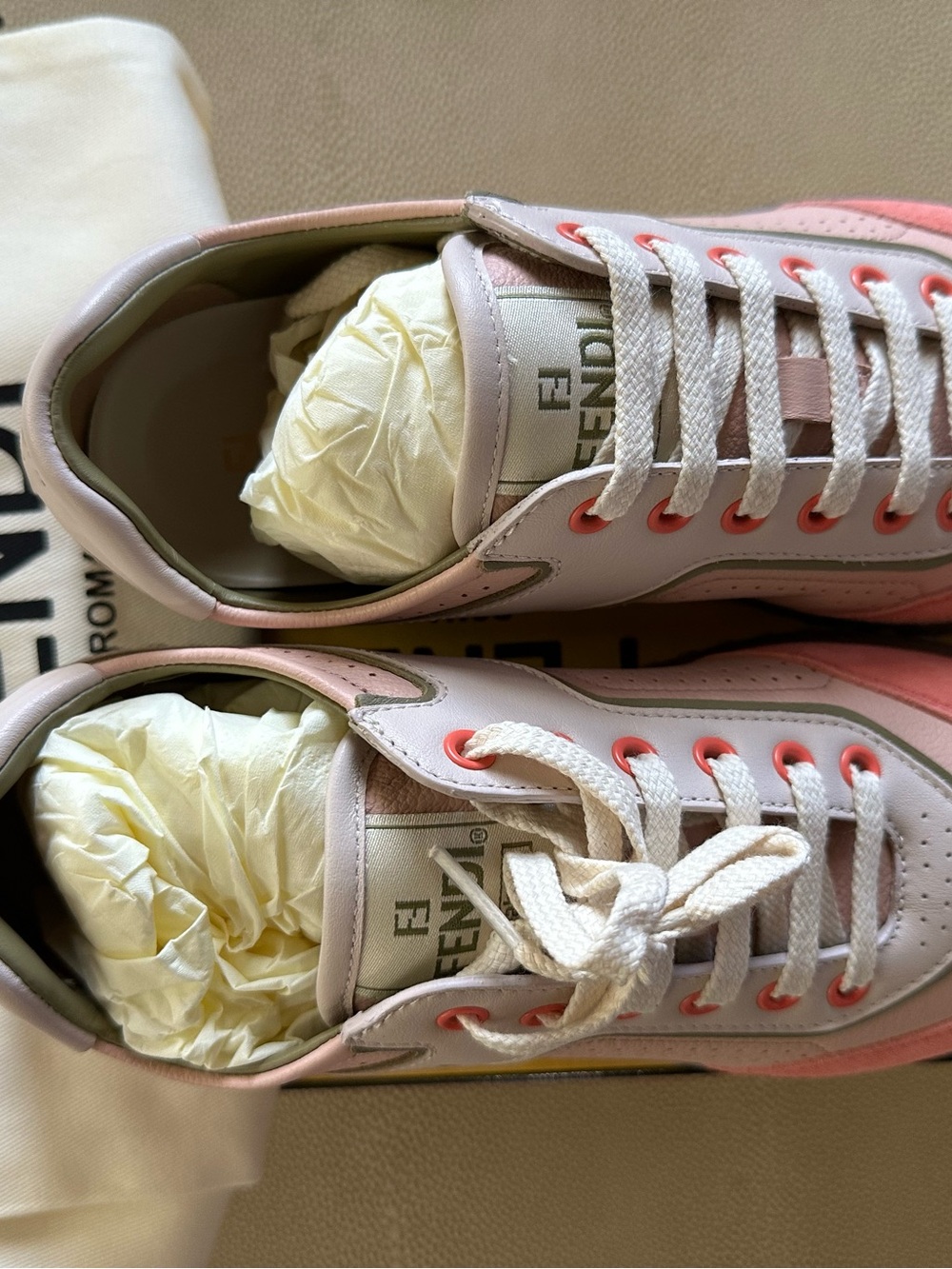 Fendi Pink & Beige Leather Suede Low-Top Sneakers - Picture 3 of 8
